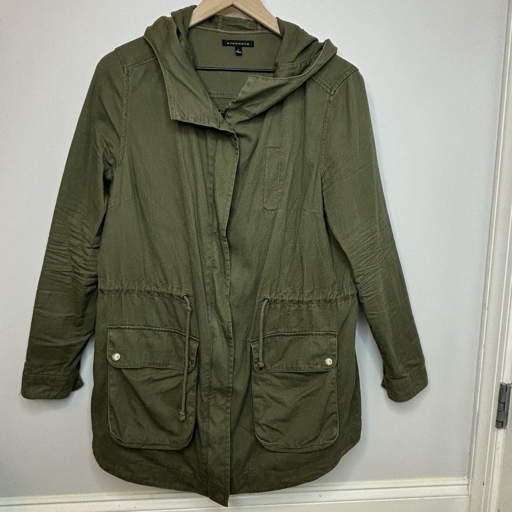 Green Utility Field Coat Jacket Womens Large Hood Full‎ Zip Pockets Y2K Grunge